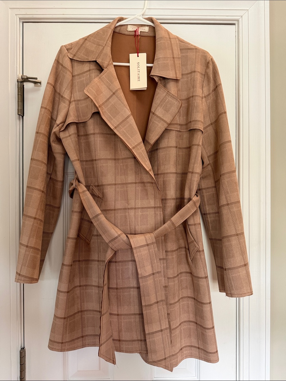 NWT Solitaire Plaid Faux Suede Waterfall Trench Coat Brown M